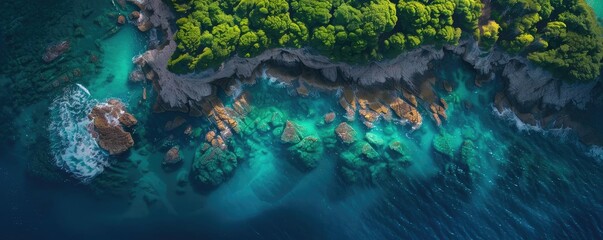 Sticker - Aerial view of a stunning rocky coastline with crystal-clear turquoise water and lush green foliage.