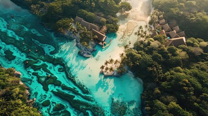 Poster - Aerial view of tropical paradise with lush greenery, turquoise water, and exotic resort, showcasing nature's beauty and serene escape.