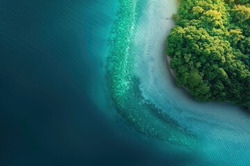 Poster - Aerial view of a stunning coastal landscape featuring clear turquoise water and lush green forest cover on a secluded beach.