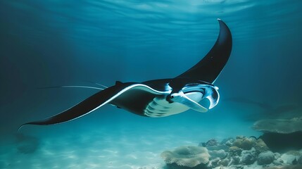 Aufkleber - Giant manta ray swimming and feeding doing somersaults near the sea bed : Generative AI