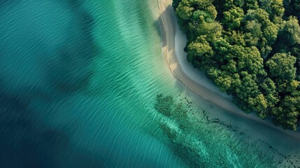 Poster - Aerial view of a pristine beach with turquoise waters and dense green forested coastline, showcasing serene natural beauty.