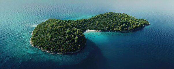 Poster - Aerial view of a lush green tropical island surrounded by crystal clear blue ocean water under a bright sunny sky, perfect for travel destinations.
