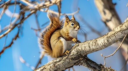 Poster - Animals in wildlife Amazing photo of cute american red squirrel with big fluffy tail sitting high on a tree branch Animal at sunny winter day and blue sky background Close up squirrel  : Generative AI