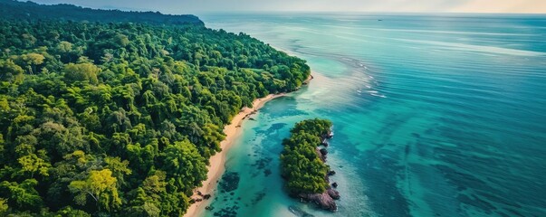 Poster - Aerial view of a tropical coastline with lush green forest, pristine sandy beach, and clear turquoise sea water, perfect for a travel destination.
