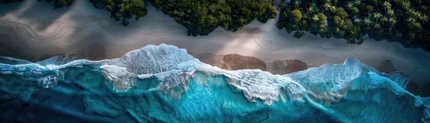 Poster - Aerial view of a beautiful coastline with crashing waves, sandy beach, and lush green trees, depicting pristine nature and tranquility.