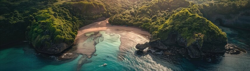 Poster - A stunning aerial view of a secluded beach surrounded by lush greenery and pristine blue waters at sunset.