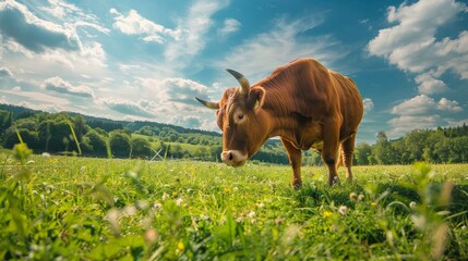 Majestic brown bull with thick hair, grazing peacefully in a lush green field, bright blue sky in the background