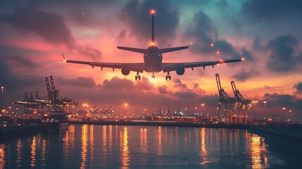 Majestic cargo plane above a vibrant container dock, bustling activity below, sea reflecting the twilight colors, cranes silhouetted