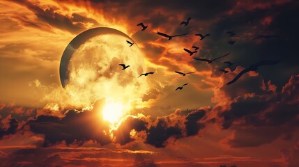 Migratory birds flying in the sky with Solar Eclipse at amazing sunset : Generative AI