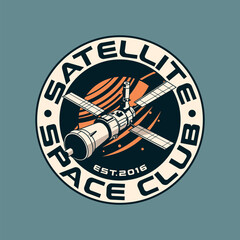 galaxy satellite rocket radar spaceship vintage retro badge logo