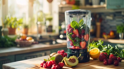 Making a fresh smoothie with berries and spinach, vibrant ingredients in a blender, bright kitchen with natural light, healthy and refreshing mood