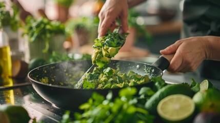 Making fresh guacamole with avocados, limes, and cilantro, vibrant and colorful ingredients, bright kitchen with a sunny feel