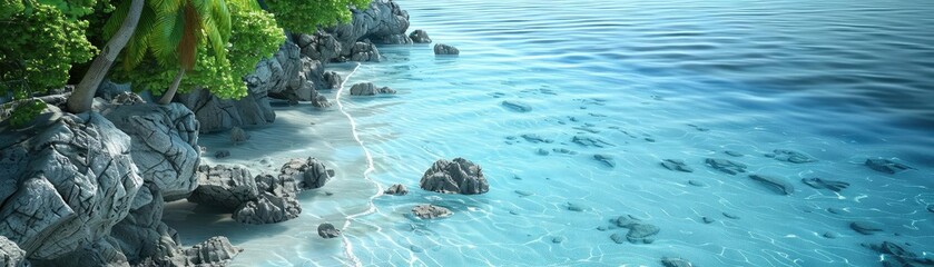 Poster - Scenic tropical beach coastline with clear blue water, rocky shore, and lush green vegetation, captured under bright daylight.