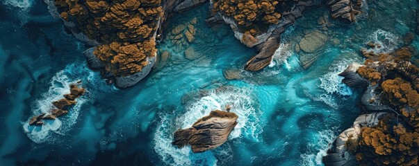 Poster - A stunning aerial view of a rocky coastline with clear blue water, showcasing the beauty of nature and the vibrant colors of the sea and land.