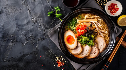 Wall Mural - Ramen Asian noodle with pork, Ajitama pickled egg, seaweed soup in dark background