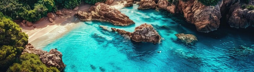 Wall Mural - A breathtaking aerial view of a serene beach surrounded by rocky cliffs and clear turquoise water, perfect for travel and nature enthusiasts.