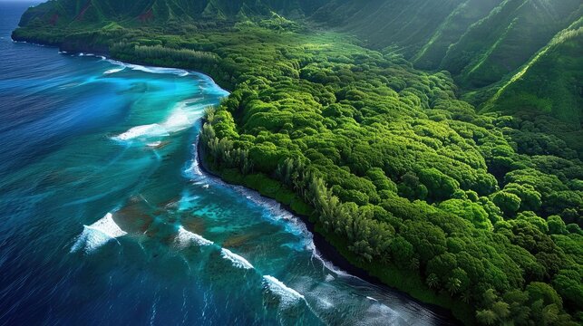 A breathtaking aerial view of a lush, green coastline with turquoise waters and waves crashing gently along the shore, surrounded by mountains.