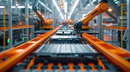 Poster - Automated Production Line With Robot Arms. Electric Car Battery Pack Manufacturing Process. 