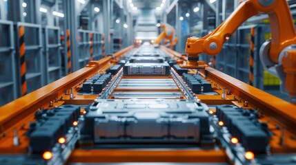 Poster - Automated Production Line With Robot Arms. Electric Car Battery Pack Manufacturing Process. 