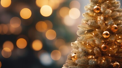 Poster - Christmas tree background with gold blurred light 