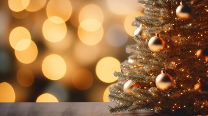 Poster - Christmas tree background with gold blurred light 