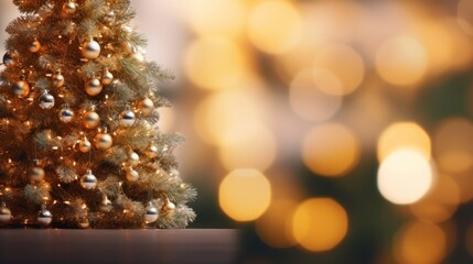 Poster - Christmas tree background with gold blurred light 