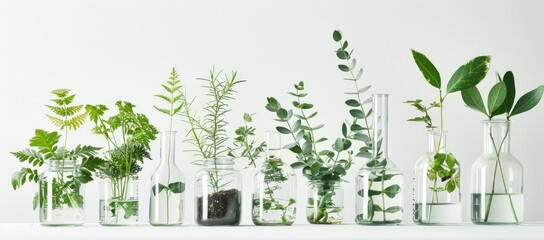 Wall Mural - A row of vases filled with lush green plants on a table indoors