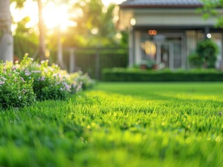 Wall Mural - A manicured backyard garden at sunrise provides a serene abstract backdrop, ideal for wallpaper and background use, poised to be a best-seller