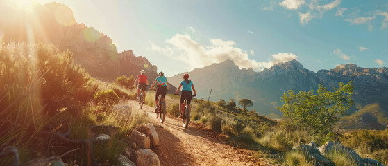 Wall Mural - A group of friends riding mountain bikes on an outdoor trail in the mountains, enjoying nature and adventure.