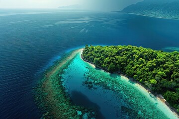 Wall Mural - A breathtaking aerial view of a tropical island with lush greenery surrounded by crystal-clear blue waters and coral reefs.