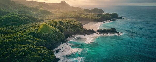 Breathtaking aerial view of a scenic coastal landscape with lush greenery and waves crashing on the shore under a serene sunset sky.