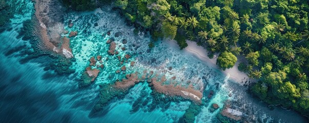 Wall Mural - A stunning aerial view of a tropical coastline with lush green forest, rocky shorelines, and turquoise waters, depicting natural beauty.