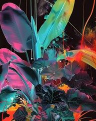 Canvas Print - Vibrant tropical leaves in an abstract art style against a dark background makes this a compelling wallpaper best-seller