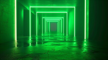 Poster - This abstract image shows a corridor illuminated by green neon lights, creating a futuristic wallpaper and background for a best-seller