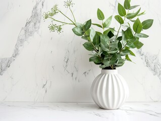 Canvas Print - A beautiful, crisp image of a white vase with green plants against a marble background, perfect as an abstract wallpaper or background best-seller