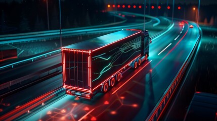 Poster -  semi-truck with a cargo trailer on a high-tech freeway