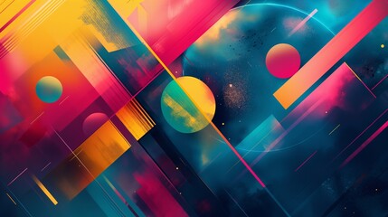 Vibrant abstract digital artwork featuring bright geometric shapes and colorful gradients, creating a dynamic and futuristic aesthetic.