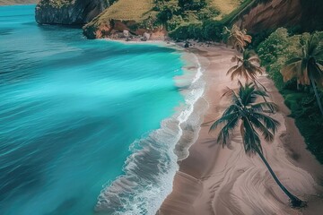 Wall Mural - Aerial view of tropical beach with turquoise water, palm trees, and golden sand, creating a serene and picturesque coastal landscape.