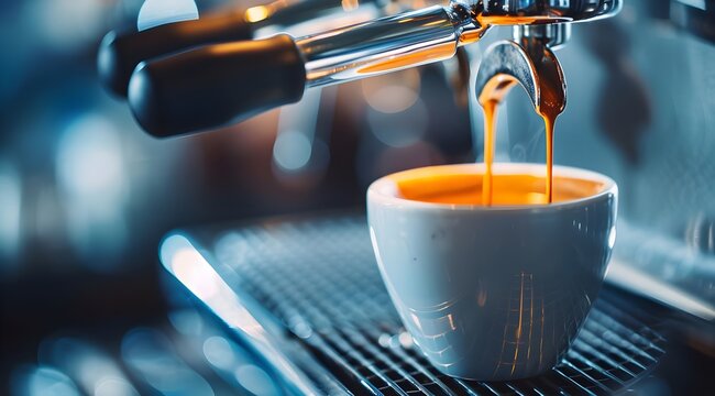 Espresso Machine Creating A Shot Of Coffee In A Cup Close Up