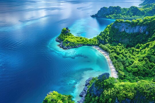 A stunning aerial view of a tropical island with lush greenery, clear blue waters, and a pristine white sandy beach, surrounded by mountains.