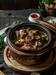 Wall Mural - Chinese beef mutton stew in clay pot with clean background, close up view