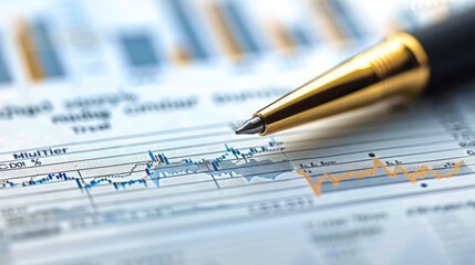Poster - Close-up of a pen pointing at a stock market report printed on paper