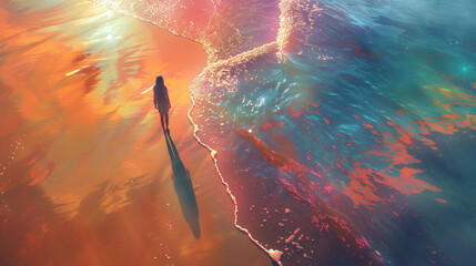 Wall Mural - A Woman Standing in Vibrant Spectral Colors on a Sparkling Sea Surface: A Dreamy Aerial Abstraction with Environmental Awareness and Ultra High Definition Pastel Art