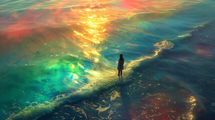 Wall Mural - A Woman Standing in Vibrant Spectral Colors on a Sparkling Sea Surface: A Dreamy Aerial Abstraction with Environmental Awareness and Ultra High Definition Pastel Art