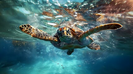 Sea Turtle Swimming In The Ocean Close Up Photography