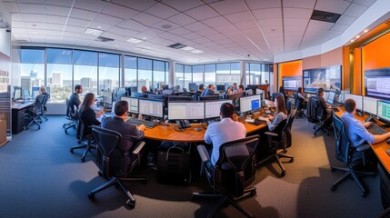 Diverse business people work on laptop while looking at desktop screen and analyze financial data. Investors sitting while trading money currency with stock market statistic display on monitor. AIG42.