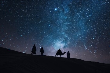 Three wise men ride camels in the desert during sunset