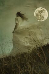 A woman is walking through a field of tall grass. The sky is dark and cloudy, and the moon is full and bright. The woman is wearing a white dress and she is lost or wandering