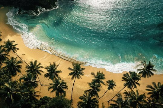A breathtaking aerial view of a tropical beach with turquoise water, golden sand, and lush palm trees along the shoreline.