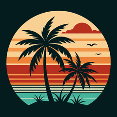 Wall Mural - Vintage retro style summer T-shirt design with palm tree, sea beach and sunset